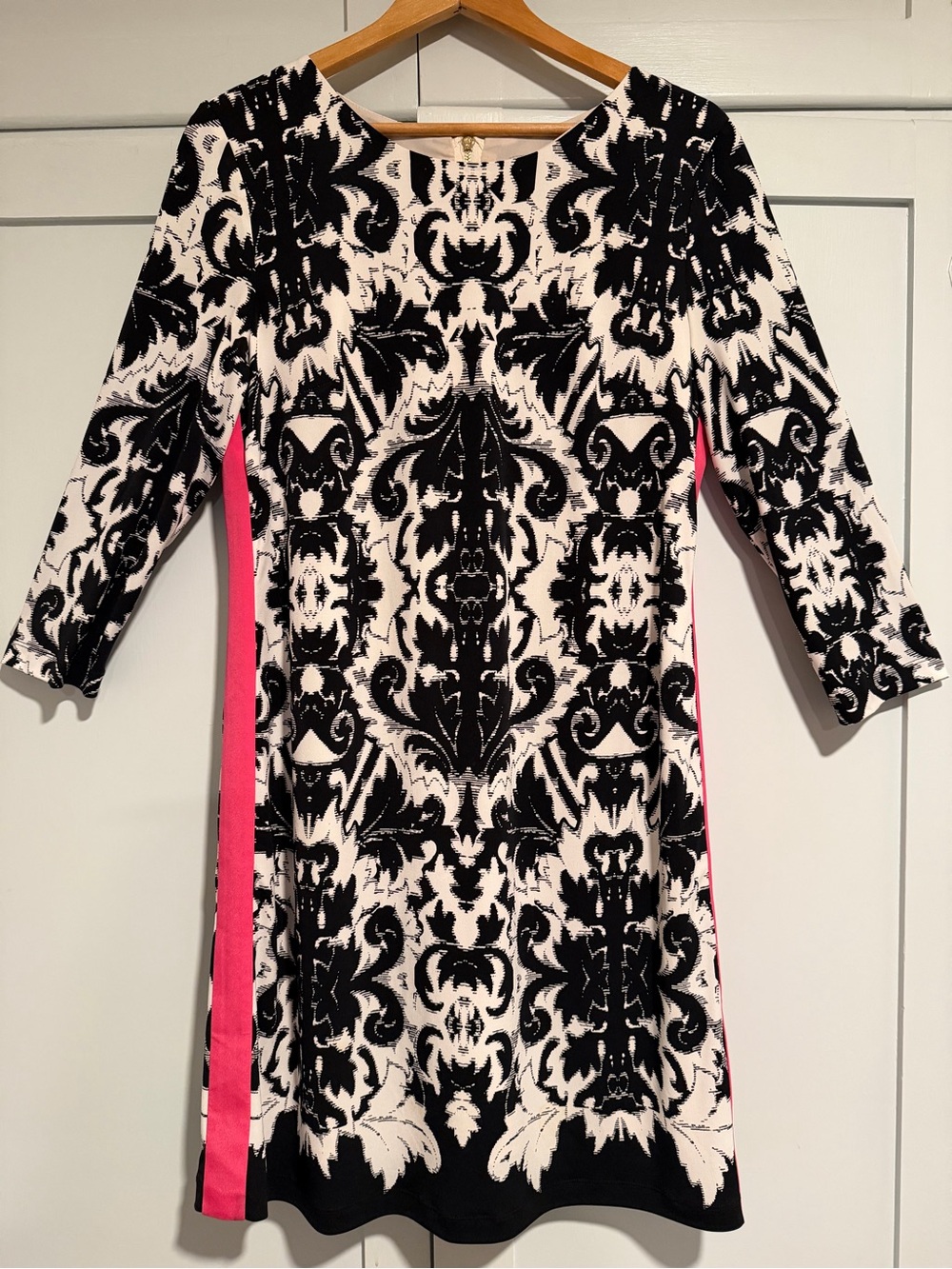 Eliza J Black and White Damask Dress with Hot Pink Side Panels, Size 14 EUC